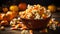 Close-up of a bowl of popcorn with candy corn mixed in