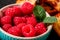 Close up of bowl of raspberries