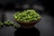 Close up of bowl of raw organic sprouted beans or peas in a small hamper on wooden surface.