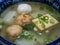 Close-up of a bowl of simple homemade Japanese Oden Soup