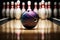 close-up of a bowling ball rolling down the lane, ready to strike
