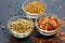 A close up of bowls of Indian spices