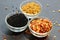 A close up of bowls of Indian spices