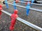 Close up of boys on table football. Bar with red and blue foosball players. Toys and games. Entertainment and fun