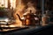 Close up of brass tea kettle heating up on gas stove in kitchen. Generative AI