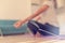 Close-up of breathing meditation, incense stick on the background of a person who practices yoga