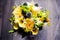 Close up of bridal wedding yellow bouquet