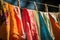 close-up of bright and colorful garments hanging on a clothesline