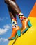 Close-up of a bright multi-colored fashionable pair of women's shoes with an abstract geometric pattern.