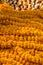 Close up of bright, orange, floral garlands in a local market, Varanasi, India