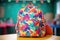 close-up of brightly patterned childrens backpack