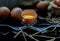 Close-up of Broken fresh chicken egg Hen egg balanced on a composition of two intertwined forks with fresh chicken eggs on wood