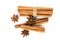 Close up the brown cinnamon stick with star anise spice isolated