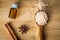 Close up brown organic Himalayan rock salt spa and cinnamon essential oil aroma set on table , healthy spa relaxation concept