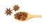Close up the brown star anise spice in wooden spoon isolated on