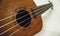 Close up of brown Ukulele on white background. Ukulele strings, saddle, soundhole, ukulele body, neck, fretboard.