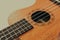 Close up of brown Ukulele on white background. Ukulele strings, saddle, soundhole, ukulele body, neck, fretboard.