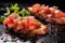 close-up of bruschetta with truffle oil droplets