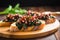 close-up of a bruschetta with wilted spinach and roasted garlic