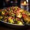 Close up of Brussels Sprouts roasted with olive oil and bacon. Vegetable side dish. Traditional thanksgiving day food. Roasted