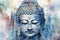 A close-up of Buddha's face reveals profound serenity and wisdom, rendered in delicate watercolor strokes