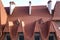 Close-up of building facade exterior with stucco wall, cast iron balcony railings, steep shingle roof and shiny windows