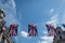 Close up of building on Regent Street London with row of British flags to celebrate the wedding of Prince Harry to Meghan Markle