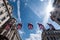 Close up of building on Regent Street London with row of British flags to celebrate the wedding of Prince Harry to Meghan Markle