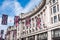 Close up of building on Regent Street London with row of British flags to celebrate the wedding of Prince Harry to Meghan Markle