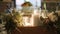 Close-up, bulk candles with burning flame in glass flask in wooden stand.