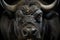 A close up of a bull with large horns. Generative AI image.