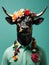 Close up, bull wearing a colorful big flower crown. Very minimalistic style, green background