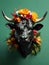 Close up, bull wearing a colorful big flower crown. Very minimalistic style, green background