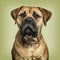 Close-up of Bullmastiff looking to camera against green backgrou