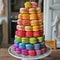 A close up of a bunch of different colored macarons, AI