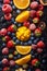 A close up of a bunch of different fruits arranged in rows, AI