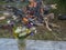 Close up bunch of field flowers in plastick cup on wooden plank on background of camp fire. Outdoor relax time at