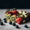 A close up of a bunch of fruit on a table. AI generative image.
