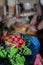 Close-up of a bunch of radishes. Radish on the background of a restaurant where the chef prepares vegetable dishes