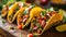 A close up of a bunch of tacos with different toppings, AI