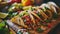 A close up of a bunch of tacos on top of some wood, AI