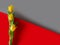 Close-up bunch three yellow spring tulips,fresh leaves,on red gray diagonal paper backdrop.Horizontal banner,copy space.