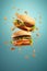 Close-Up of Burger Flying Levitation in the Air. Generative ai