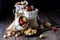 Close up of burlap sacks filled with assorted nuts in their shells with one sack tipped over, against a dark background.