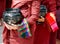 Close up Burmese novices with alms bowls, from shoulders down, Myanmar