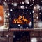 Close up of burning fireplace with snow