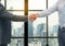 Close up of a business hand shake between two colleagues - greeting, dealing, merger and acquisition concepts on Modern glass