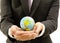 Close up Business man Hands holding earth ball on white backgrounds