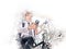 Close up business man ride bicycle on watercolor illustration painting background.