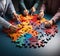 Close up of business people hands assembling jigsaw puzzle. Teamwork concept Ai generated